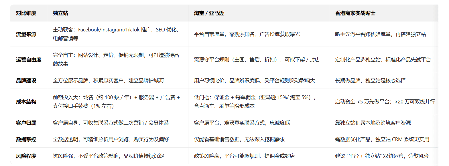 香港电商选择独立站搭建与其他平台对比